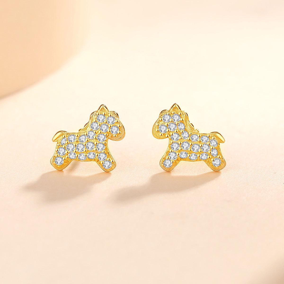Tichia S925 Sterling Silver Horse Stud Earrings with Cubic Zirconia for Women – Versatile Zodiac Style. 925 Sterling Silver
