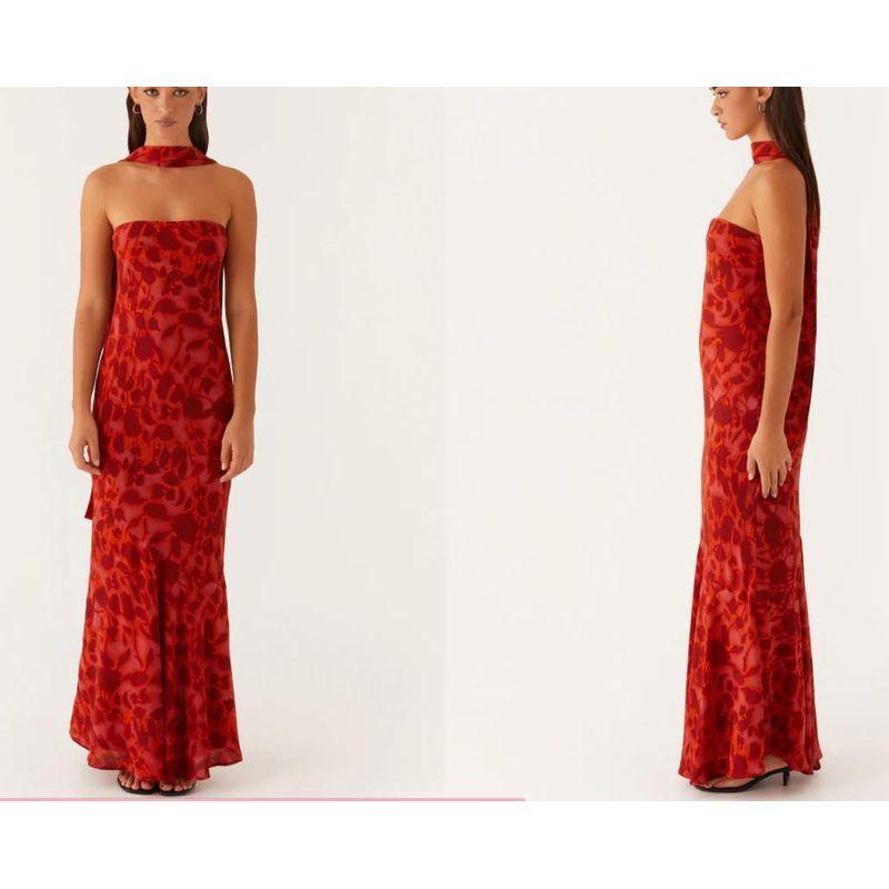 

European and American Spring and Summer New Elegant Socialite Satin Backless Tube Top Digital Print Dress Watermelon red M