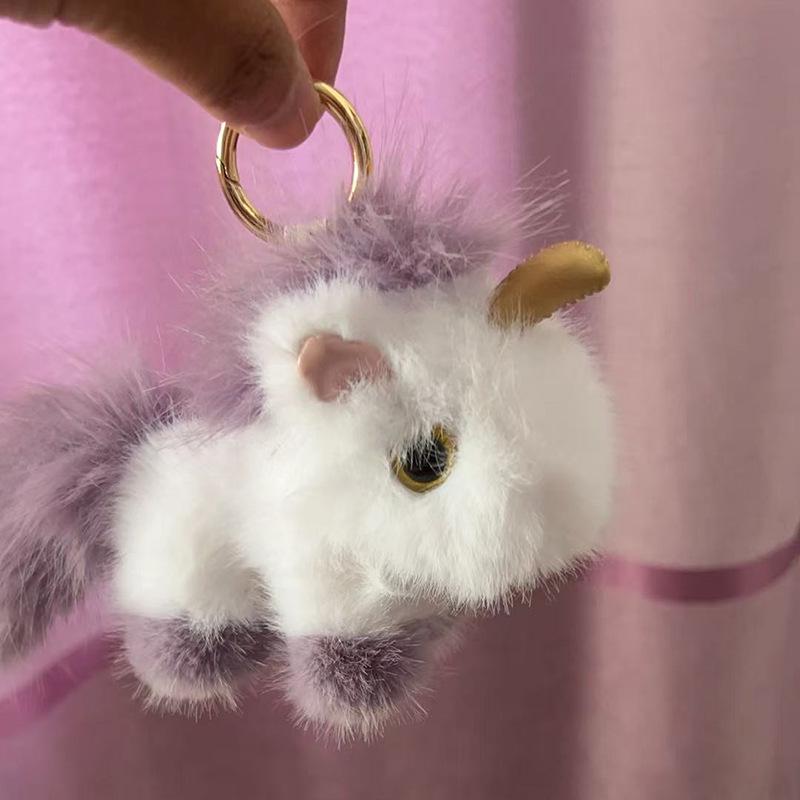 Adorable Faux Mink Fur Unicorn Keychain Pendant - Plush Pony Bag Charm Gift for Girls
