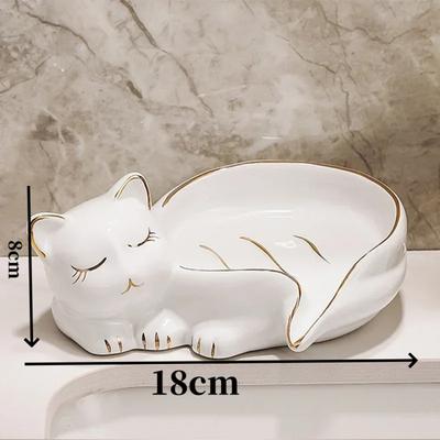 NOVO Desenho Animado Bonito Cerâmica Saboneteira Forma de Gato Caixa de Sabão com Dreno de Água Caixa de Sabão Lavatório Prateleira de Drenagem Acessórios de Banheiro