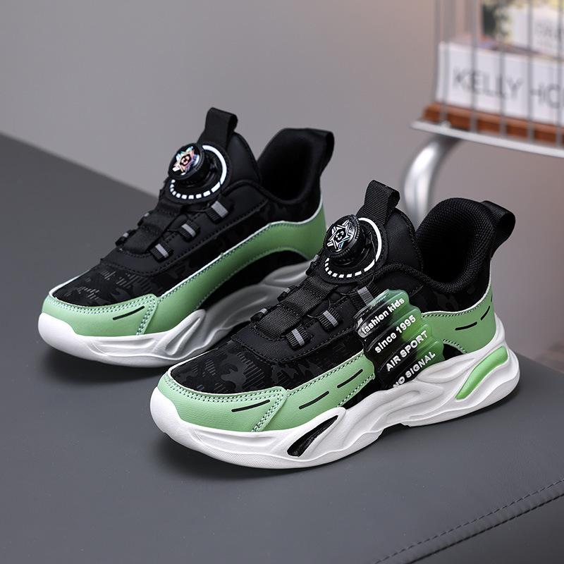Boys Running Shoes Leather Surface Breathable Autumn Basketball Shoes Children's Sports Shoes Rotating Buckle Boys Students All-round Trendy Shoes