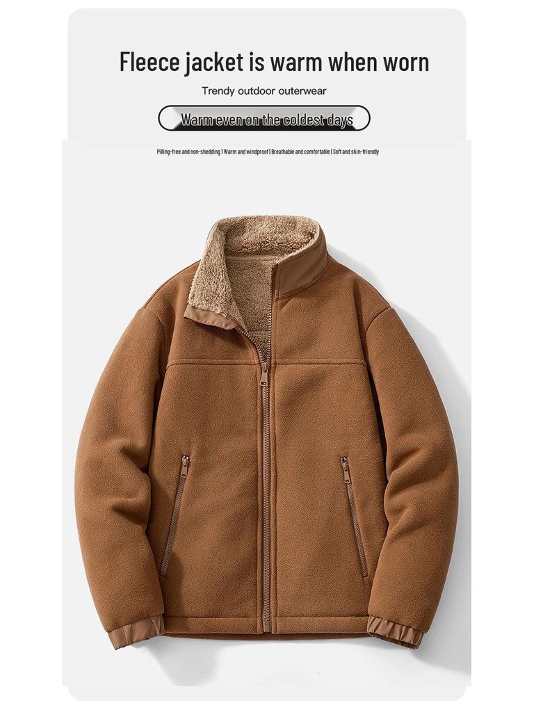Men's Fleece-Lined Stand Collar Windbreaker - Warm Lambswool Inner Layer for Autumn and Winter