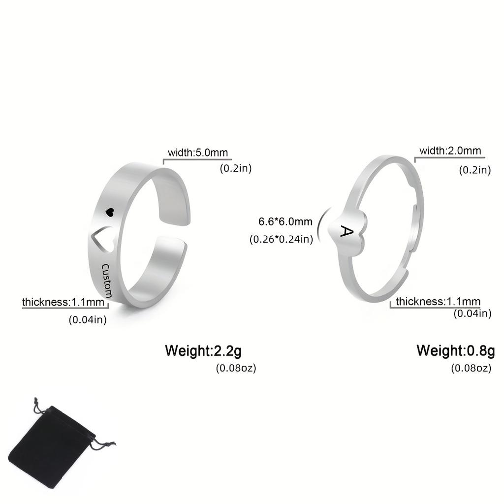 Customized Name Letter Heart Shaped Couple Ring Stainless Steel Simple Love Open Adjustable Ring Fashion Couple Gift