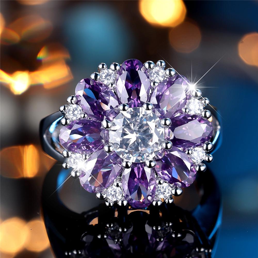 

Cute Female Purple Zircon Stone Flower Ring Silver Color Engagement Charm Wedding Jewelry For Women 7