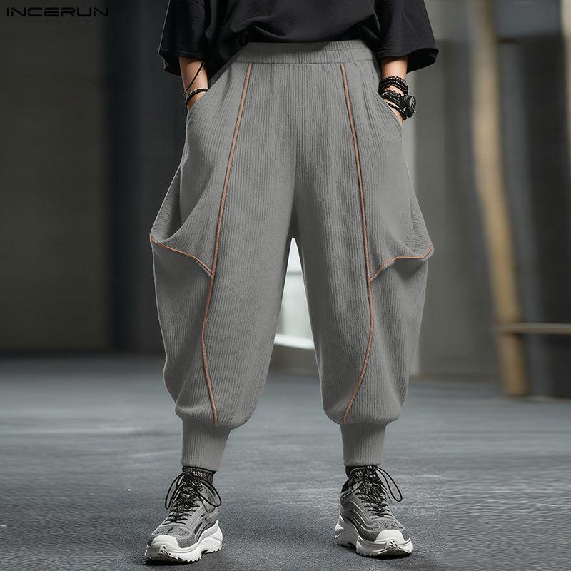 INCERUN Men Elastic Waist  Stitching Casual Long Texture Drop-crotch Pants Trousers