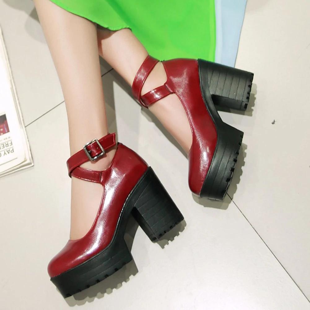 Fashion 2025 Thick Heels Ankle Strap Platform Women Pumps Spring Fall Leisure Female Punk Goth Round Toe Casual Black Shoes for Women