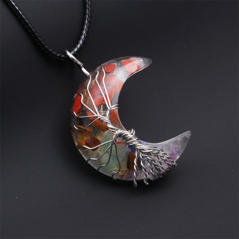 Natural Crystal Moon Pendant Necklace Tree of Life Amethyst Reiki Polished Mineral Jewelry Healing Stone for Men Women Jewelry