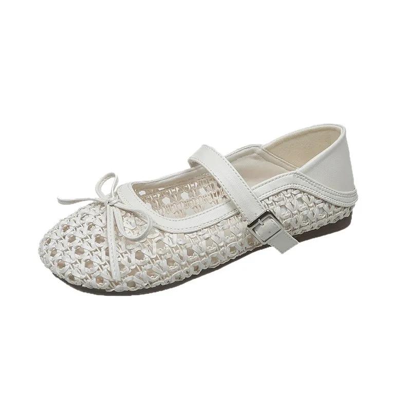 New 2025 Summer Breathable Woven Hollow Out Slip-On Women's Shoes Butterfly Knot Single Strap Versatile Fashionable Mary Janes