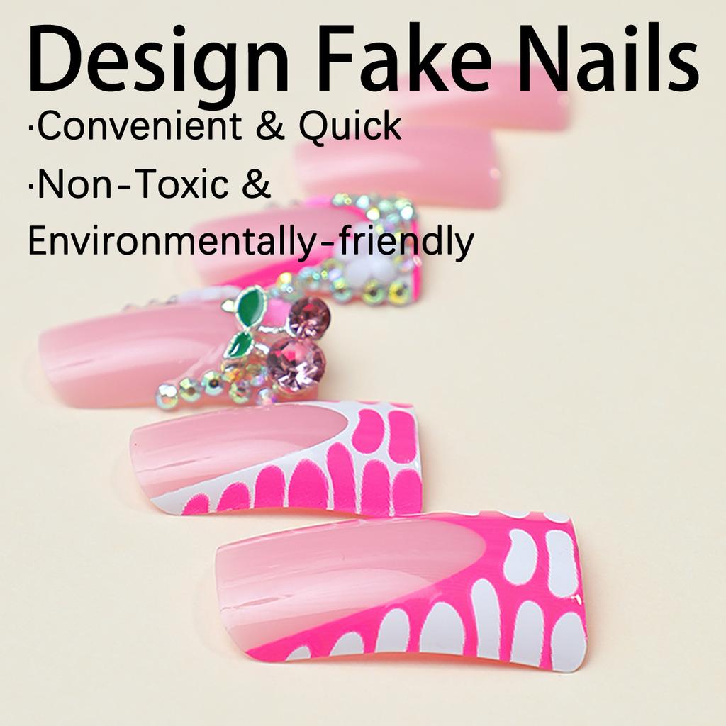 24pcs/set French Edge Duckbill Shape Wearable Nail Shattered Diamonds Cherry Nail Art Patch Fake Nails Nails Patch