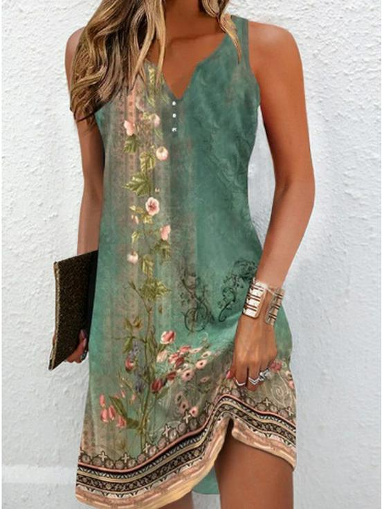 European and American Women's Floral Button A-line V-neck Sleeveless Dress, 2024 Fashion Trend.