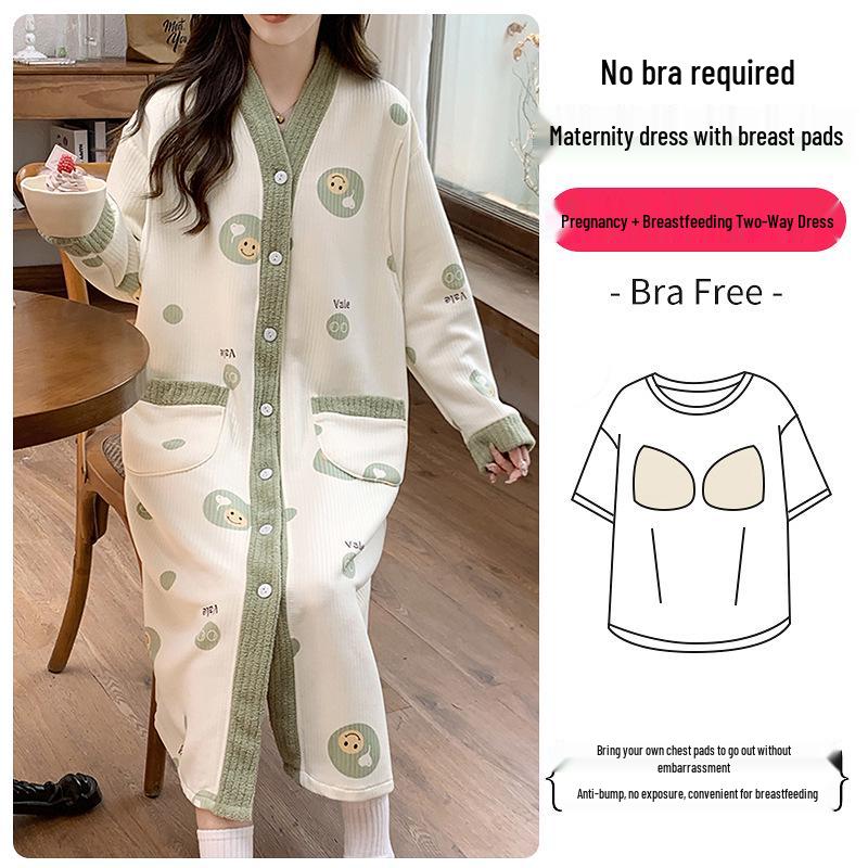 Umstandspajamakleid aus Luftbaumwolle für Herbst/Winter - Übergröße für pränatale, Krankenhaus- und postpartale/Stillzeit-Nutzung