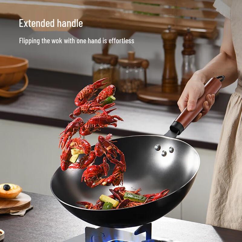 Longde 30cm Non-Coated Refined Iron Wok with Lid