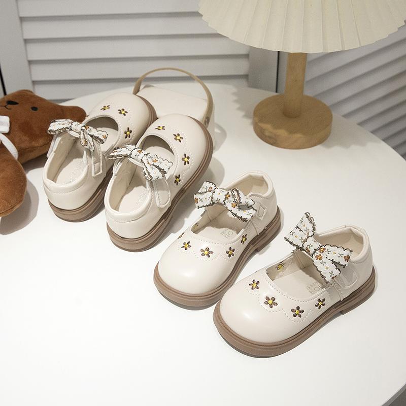 Girls Leather Shoes Sweet Flower Kids Flats Round Toes Cute Bow 2025 New Fashion Girls Princess Shoes Non-slip Soft Sole Ins