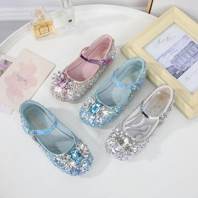 2024 New Autumn Crystal Princess Sequin High-Heel Leather Shoes for Girls