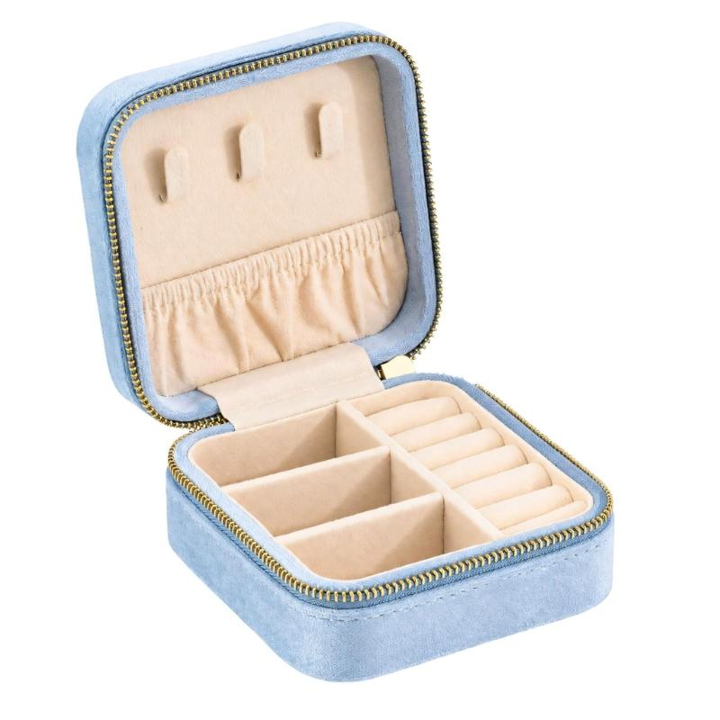Travel Jewelry Case with Fabric Exterior, Wraparound Zipper, Base Compartments, Ring Rolls, and Elasticized Lid Pocket