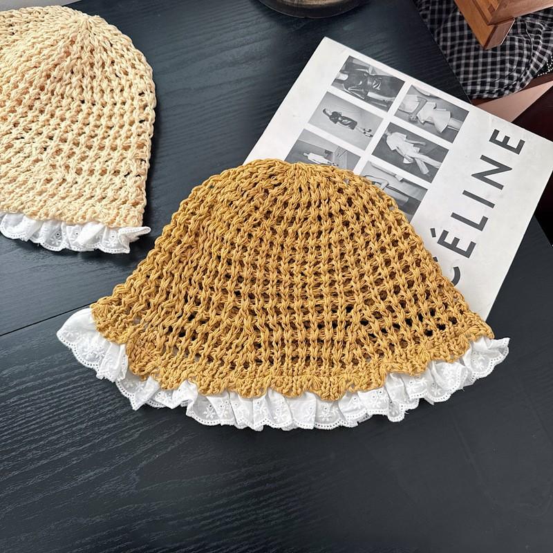 Summer new sun hat women's South Korea Dongdaemun weaving hollowed out after split fork sun protection hat fisherman hat children