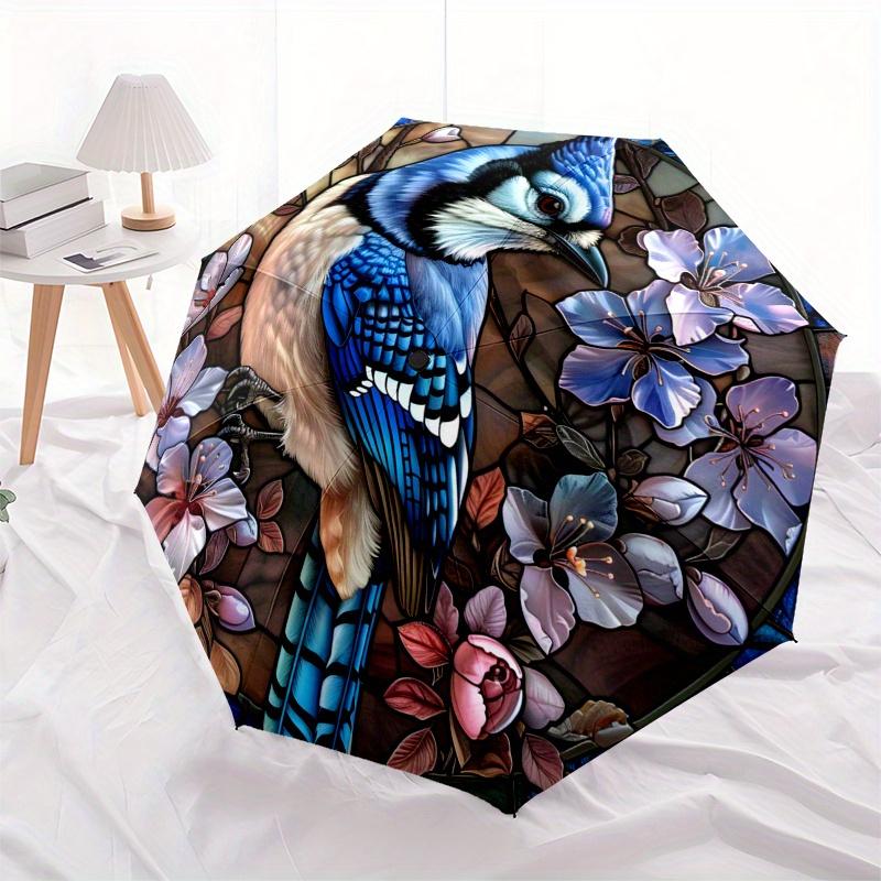 Stained Glass Blue Jay with Flowers Wall Art Decor Umbrella, Cute Umbrella with Cute Design, Portable 3-Fold Compact Umbrella for Men & Women, Valenti