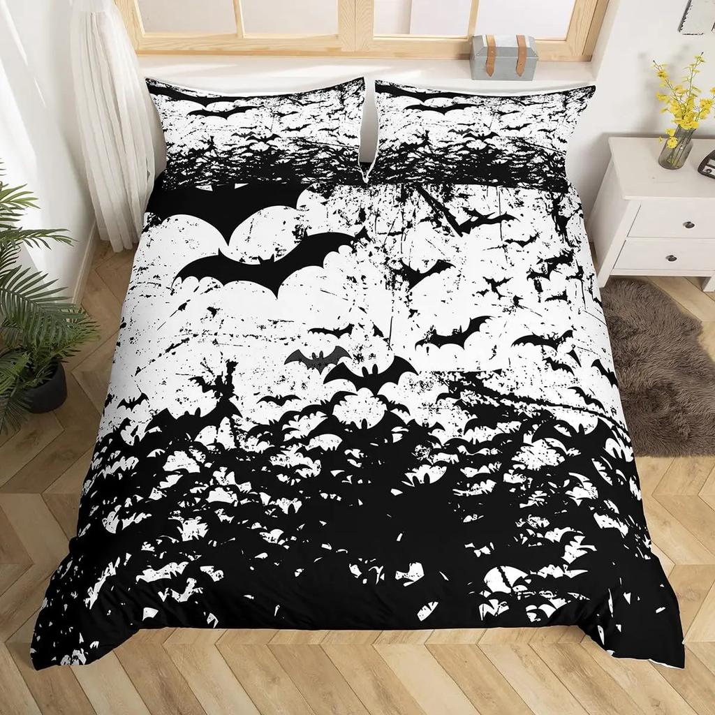 Spooky Dark Bats Duvet Cover Halloween Decoration Glitter Stars Moon Galaxy Bedding Set Cartoon Bat Gothic Comforter Cover Queen