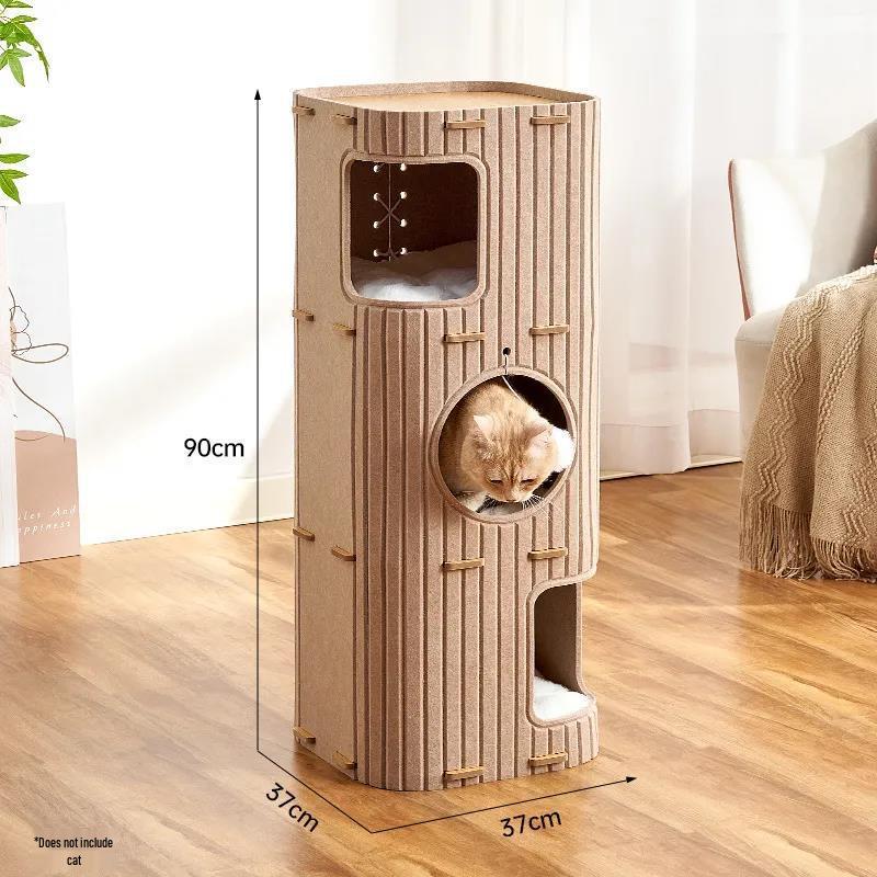 Waterwood Space-Saving Cat Climbing Frame: Felt Barrel Nest with Three Layers and Tree Hole for Big Cats