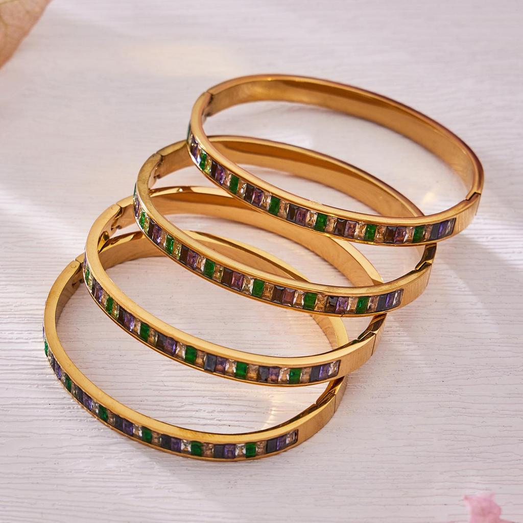European & American Colored Zircon Bracelet - 18K Gold-Plated Stainless Steel with Unique Design & Luxury Buckle