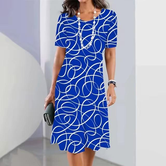 3D geometric stripe print elegant women's short-sleeved summer dress