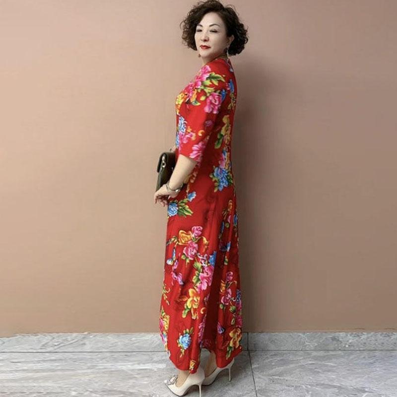 Summer Women's V-Neck Floral Casual Dress Ice Silk Linen High Elastic Long Dress A-Line Plus Size Dress