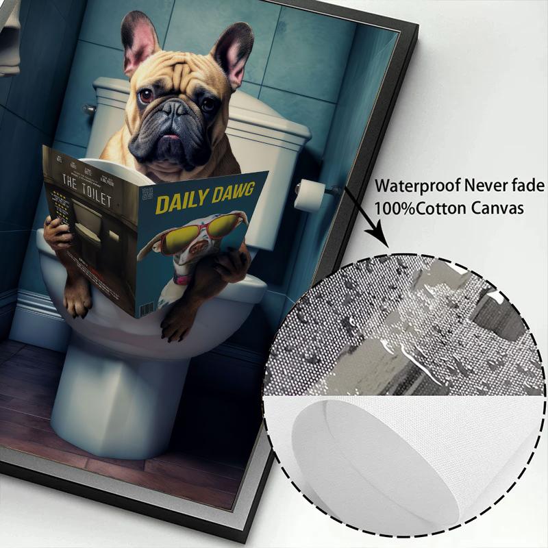 Dog Monkey Highland Cow Sitting on The Toilet Reading Newspaper Poster Animal Print Canvas Painting Funny Bathroom Wall Decor