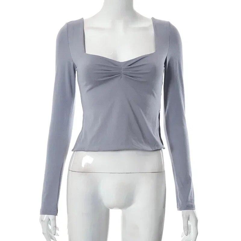 Autumn Y2K T-Shirts Solid Square Neck Long Sleeve Side Split Top Womens T-shirt For Women Streetwear Clothes 29669