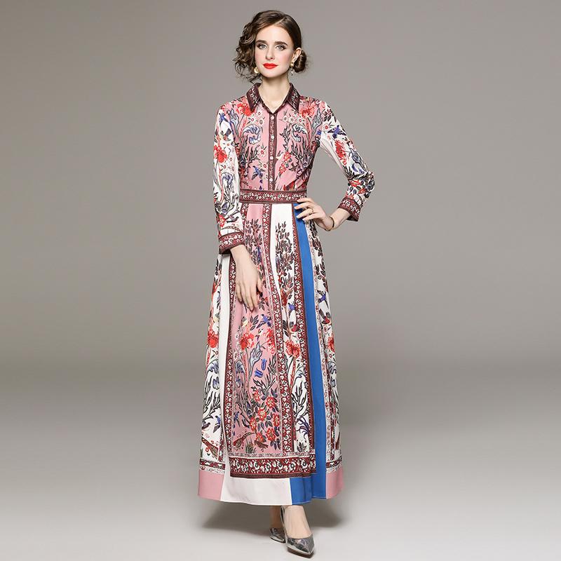 Primavera otoño Vintage marca diseñador estampado vestido de pasarela mujeres cuello de solapa largo Maxi vestidos de fiesta casuales