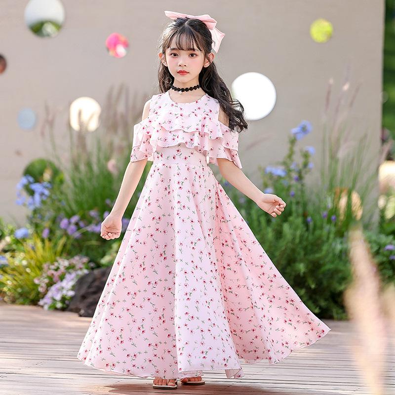 Girls Big Kids Princess Floral Chiffon Trailing Long Summer Beach Dress 120cm