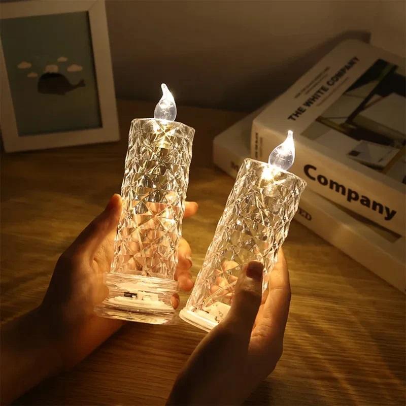 LED Crystal Candle Light Table Lamp Rose Projection Romantic Atmosphere Night Light for Bedroom Party Christmas Wedding Decorate