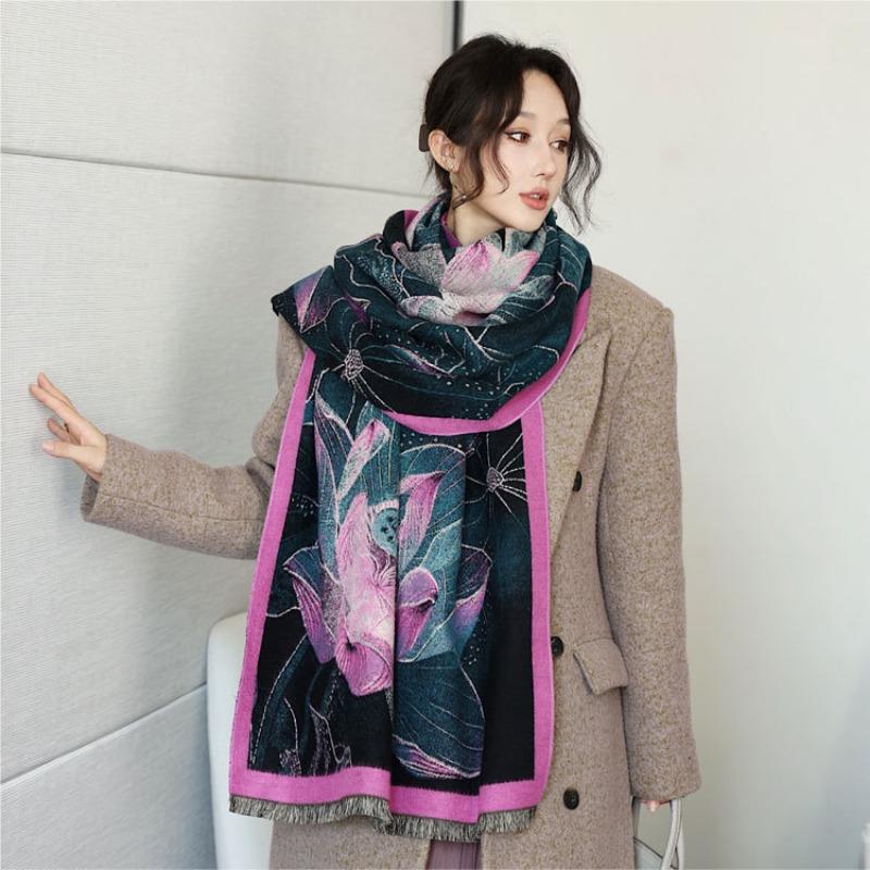Fresh and Elegant Lotus Oil Painting Scarf Women's Winter Thickened Women's Shawl Double-sided Jacquard Imitation Cashmere Warm Scarf
