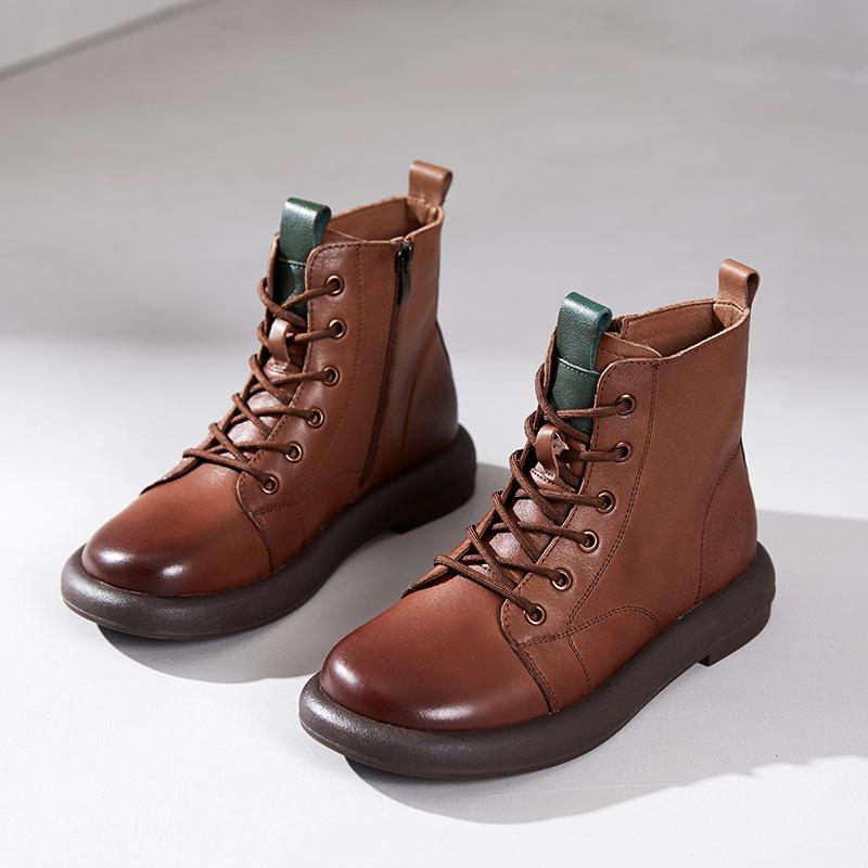 The First Layer of Cowhide Short Boots for Women In the Autumn and Winter of 2025, the New Retro Polished Leather Flat-bottomed Lace-up Martin Boots