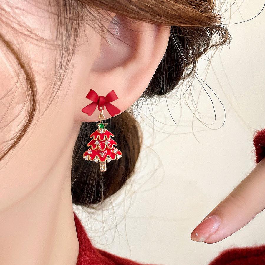 Rhinestone Bow Christmas Tree Earrings: High-End Versatile Ear Cuffs