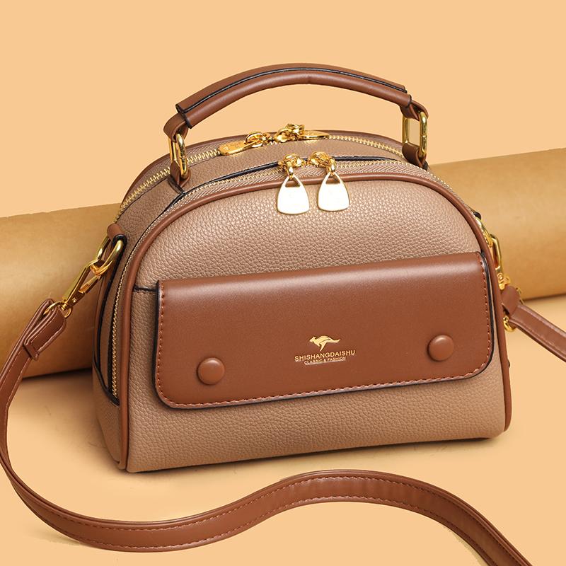 Women's PU leather top handle crossbody bag with multiple pockets, stylish contrasting color matching, and simple shoulder bag