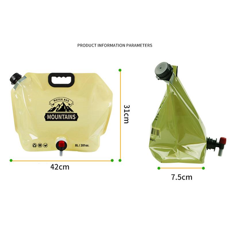 Sac de apă portabil cu robinet pentru camping pliabil, recipient de apă, sac 8L, pliabil, pungă de apă cu mâner, consumabile de camping
