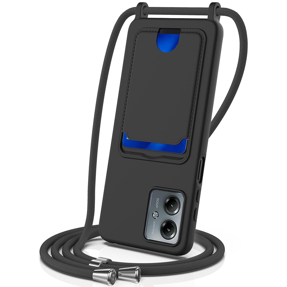 

Для Motorola Moto G14 4G Чохол Рідкий Силікон Тримач для Карт Задня Кришка Телефону зі Шнурком Black