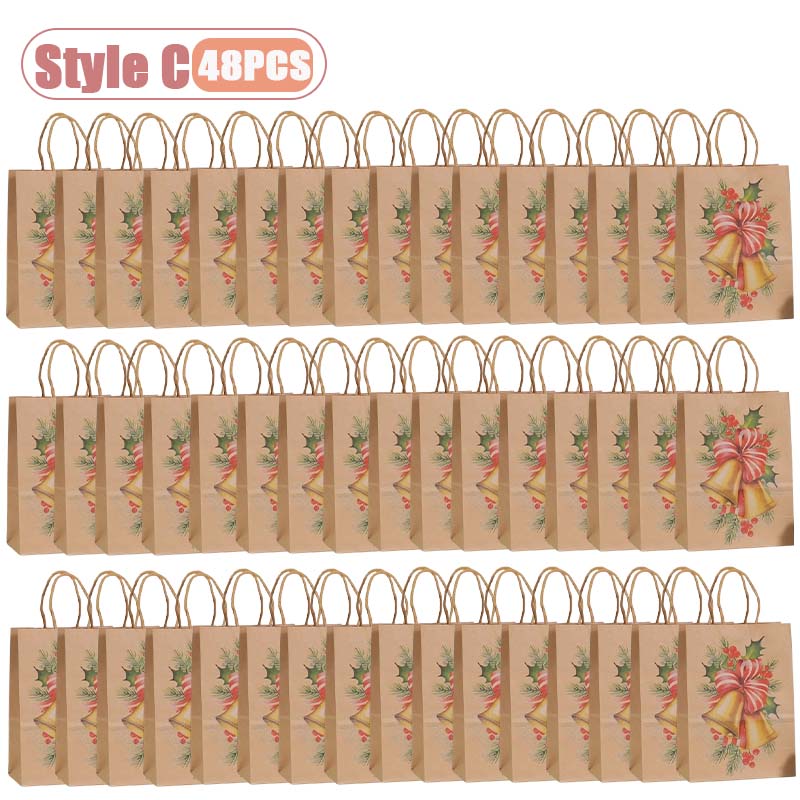 12-48PC Handheld Christmas Kraft Paper Gift Bag Durable Eco Friendly Holiday Party Paper Bag Festive Gift Wrapping Holiday Gift