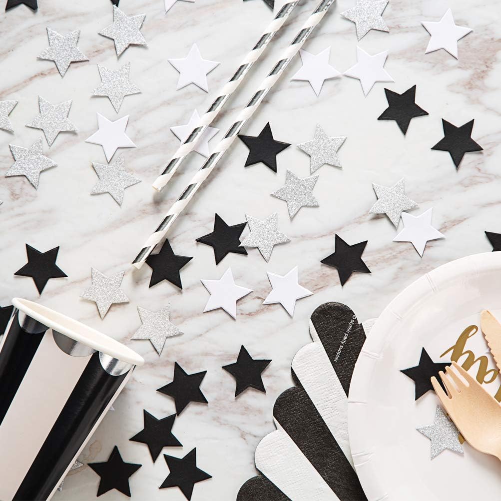 Black and White Glitter Silver Paper Twinkle Little Stars Confetti Wedding Birthday Theme Party Favors Table Scatter Decorations, 1.2 inch, 200pc
