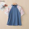ZANZEA Women Casual Stand Collar Print Splice Half Sleeve Summer Blouse