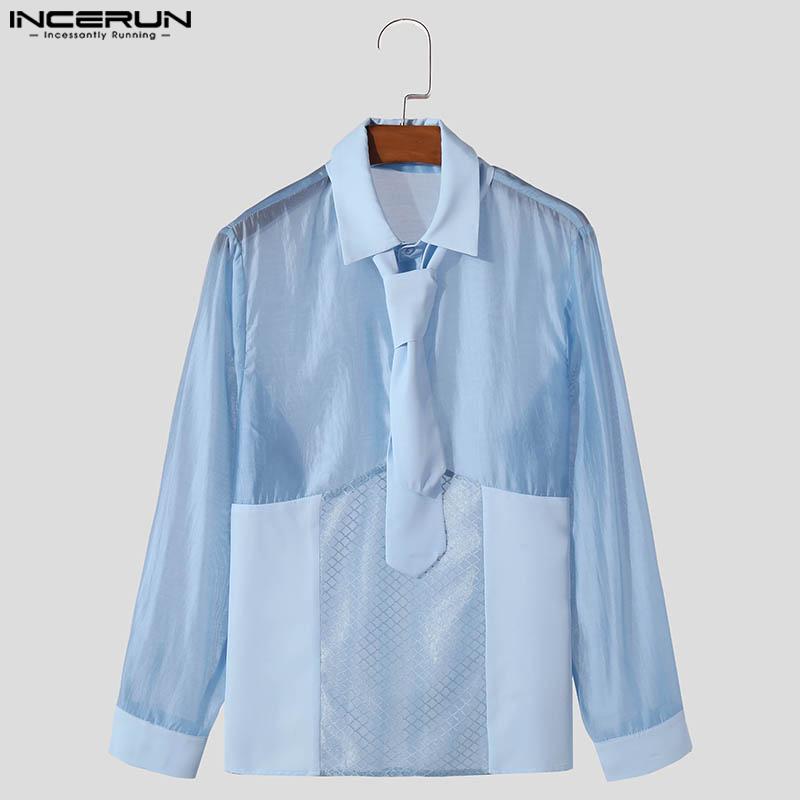 INCERUN Men Tie Lapel Neck Patchwork Hollow Buttons See Through Shirt Casual Long Sleeve Shirts