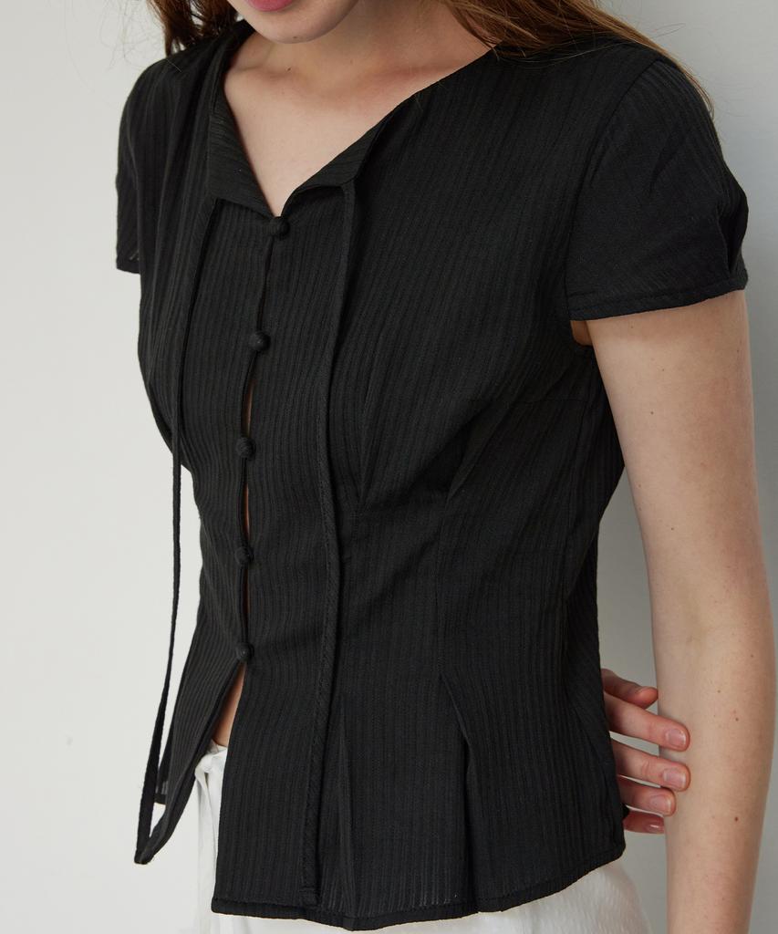 ITOV SEOUL Double Tuck Ribbon Cotton Blouse Black
