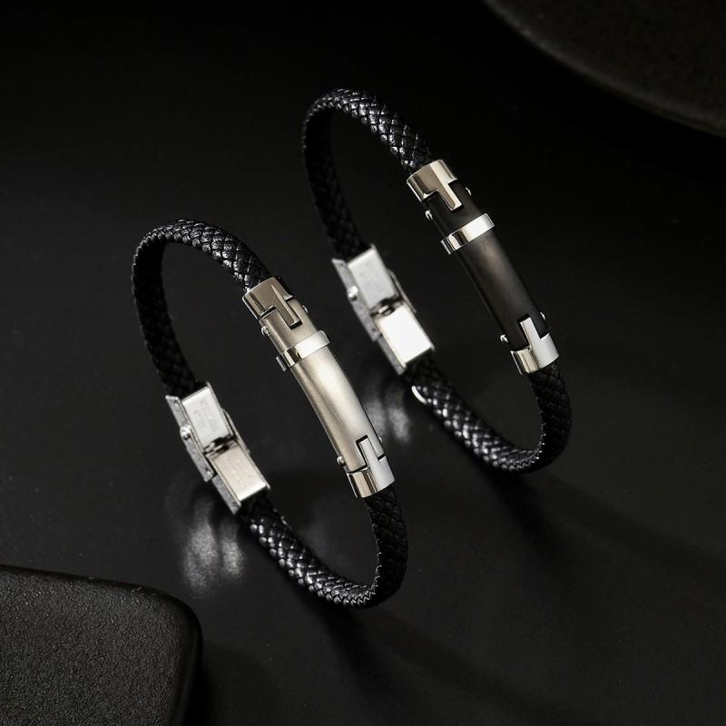 Trendy Cool Black Leather Rope Woven Bracelet Steel Contrasting Color Simple Personalized Versatile Internet Famous Niche Accessory