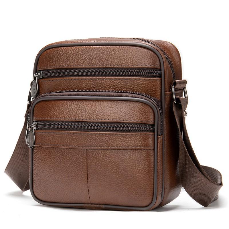 Leather Vertical Shoulder Bag Men High-end Casual Layered Cowhide Business Minimalist Small коричневый