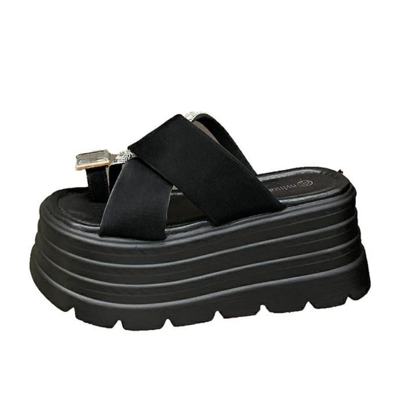 Fashion 8CM Roman Bling Crystal Slippers Women Summer New Fashion Sequins High Platform Open Toe Beach Slippers Leather Sandals Slide