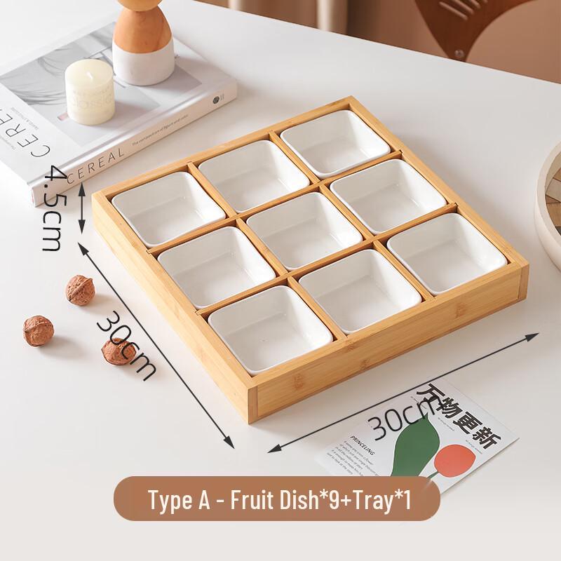 Nine-Grid Divided Snack Platter with Ceramic Dishes