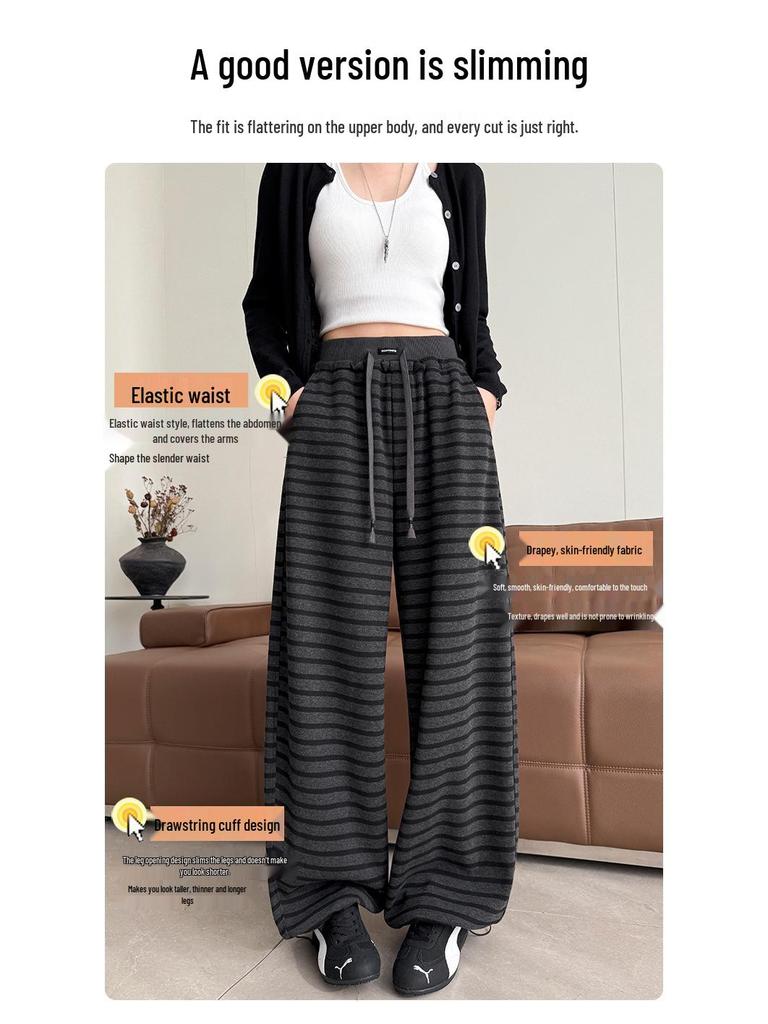 Women's High Waist Gray Striped Wide-Leg Pants - Early Spring 2026 Casual, Slimming, Relaxed Fit