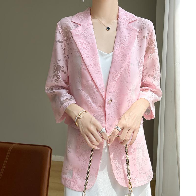 

Тонкий блейзер для женщин летний маленький костюм с вырезами рукав три четверти костюм из ацетатного атласа верх XXXL