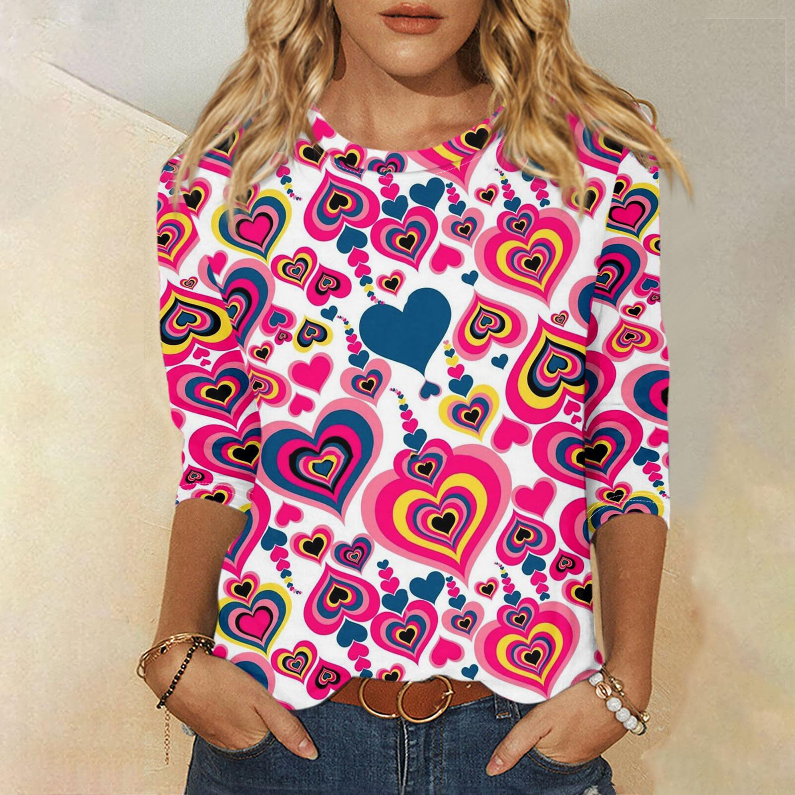 

Женская мода, повседневная свободная футболка с принтом на День святого Валентина и круглым вырезом, рукав 3/4, женский топ XXL киноварь