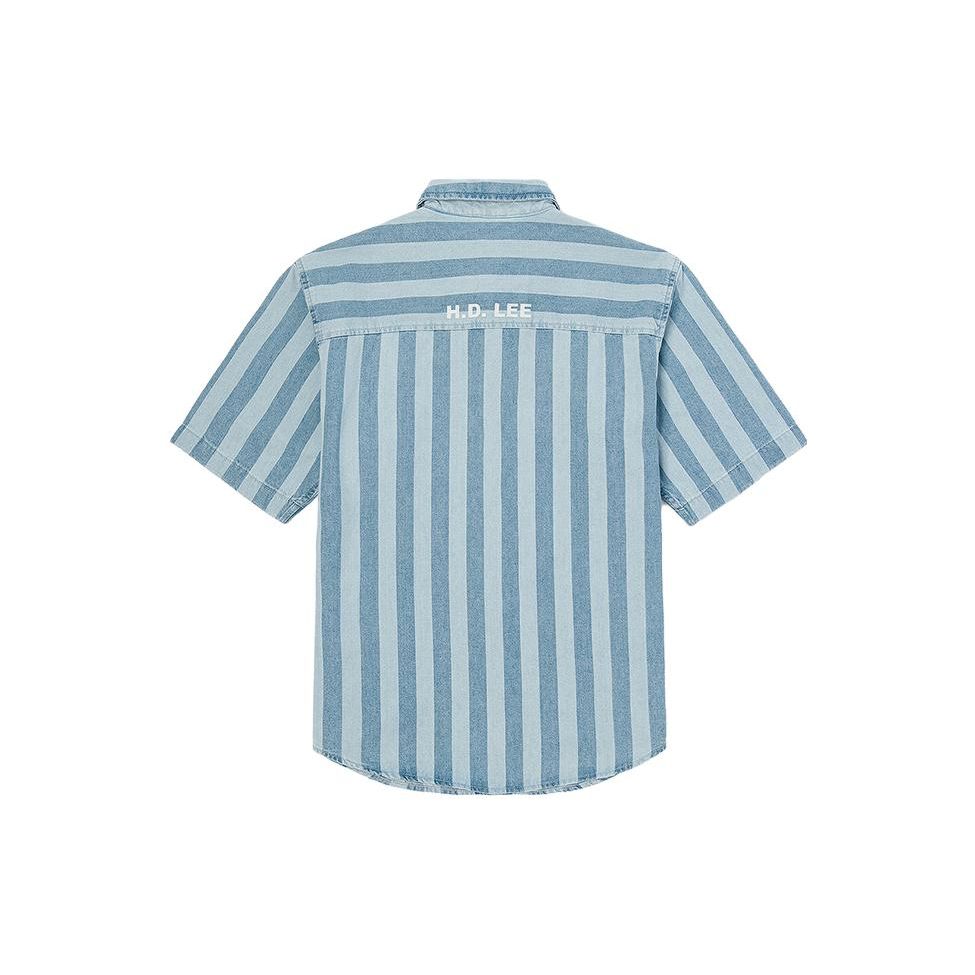 Single-Breasted Collar Striped Short Sleeve Shirt Men shirts Light-Blue LMT001603100183A00499